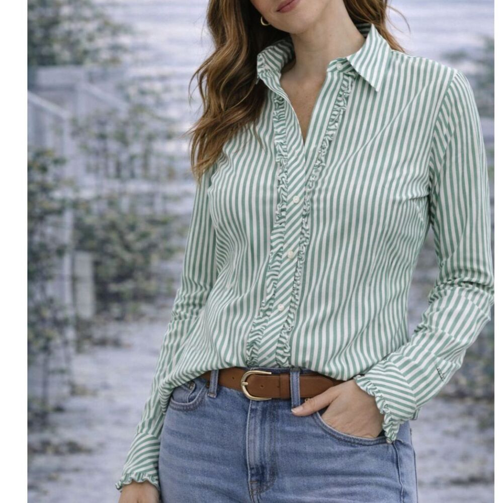 Lilly Pulitzer Green White Striped Ruffle Button Down Blouse Size 12